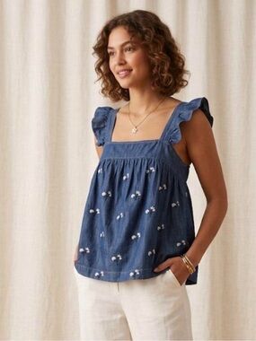 Harper Heritage Women Babydoll top - denim embroidered - Francesca’s